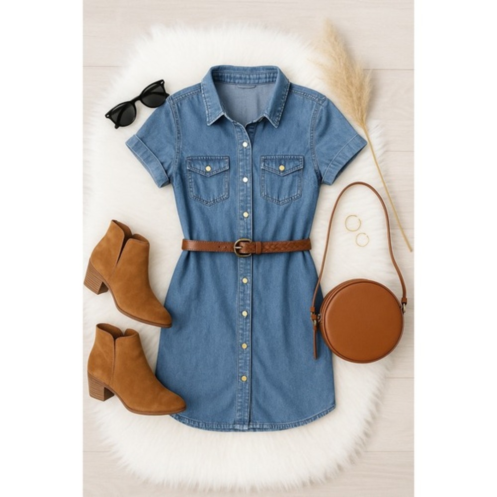 Denim Shirt Dress Short Sleeve Casual‎ Button Down Light Wash Size 8